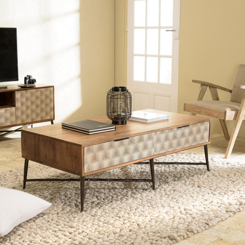 Macabane - Table basse rectangulaire en bois de manguier 2 tiroirs ALIX - Macabane meubles & déco