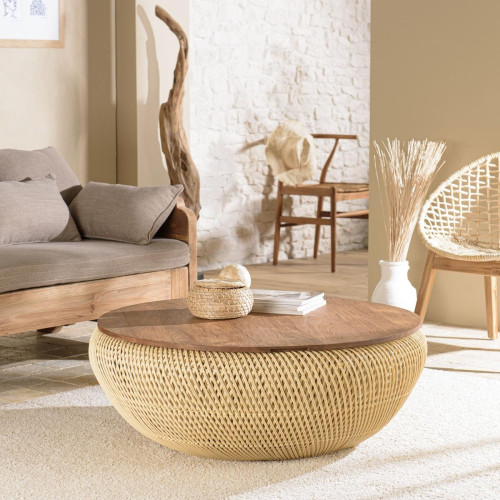 Macabane - Table basse ronde 100x100cm en rotin beige plateau amovible  - Table Basse Design