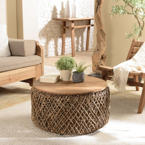 Macabane - Table basse ronde 70x70cm en tissage de fibre de cocotier  - Table Basse Design