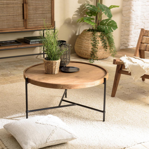 Macabane - Table basse ronde 78x78cm plateau en bois de teck recyclé  - Table Basse Design