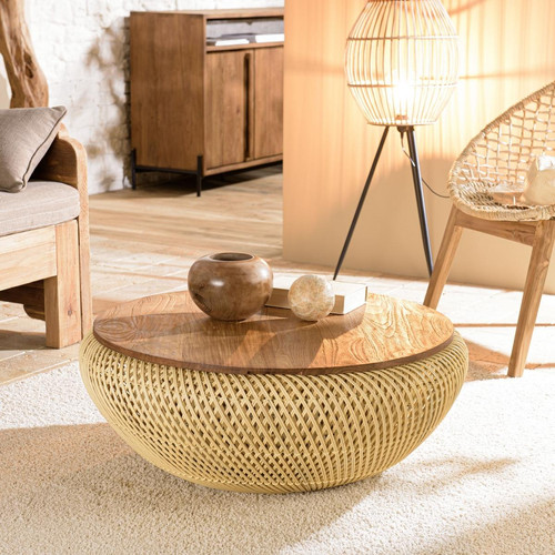 Macabane - Table basse ronde 80x80cm en rotin beige plateau amovible  - Macabane meubles & déco