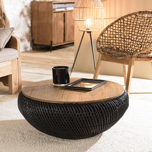 Macabane - Table basse ronde 80x80cm en rotin noir plateau amovible  - Macabane meubles & déco