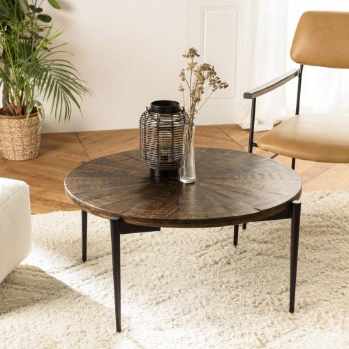 Macabane - Table basse ronde bois recyclé pieds métal KIARA  - Nouveautés Meuble Et Déco Design