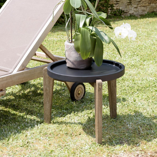 Macabane - Table d’appoint plateau béton noir mat pieds acacia HECTOR - Macabane meubles & déco