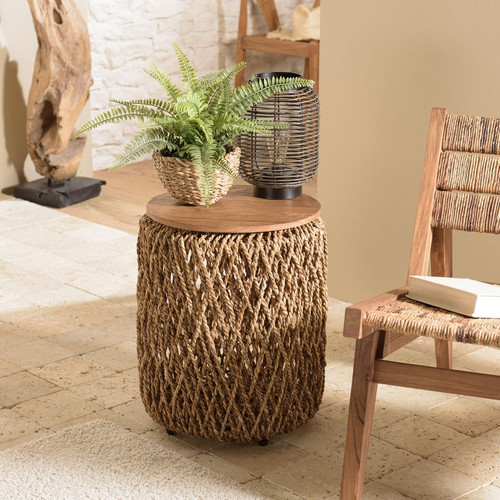 Macabane - Table d'appoint ronde 40x40cm en tissage de fibre de cocotier  - Le salon