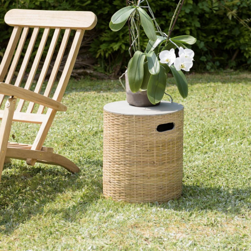 Macabane - Table d'appoint ronde plateau en béton socle en bambou naturel HECTOR - Salon De Jardin Design