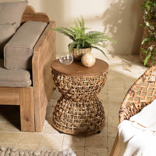 Macabane - Tabouret beige assise en bois de teck recyclé  - Pouf Design