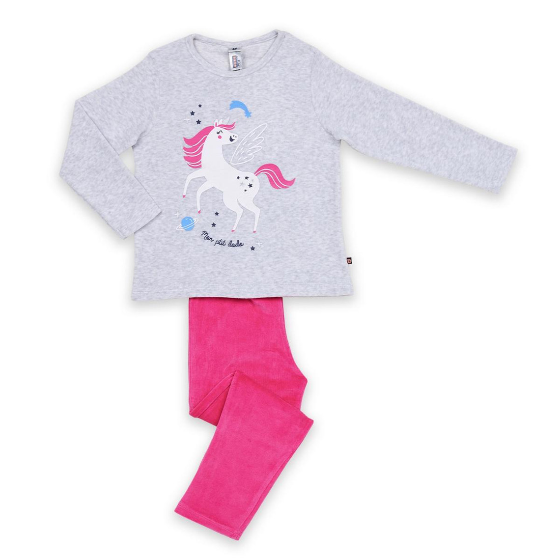 Pyjama Long fille en Coton - Gris Chiné Imprimé / Rose Uni