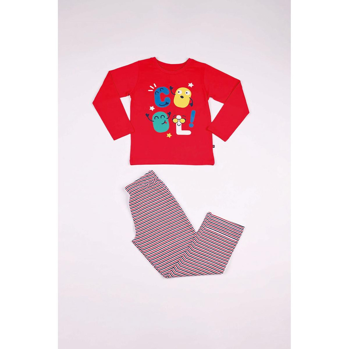 Pyjama Long Garçon en Coton - Rouge Imprimé/ Rayures