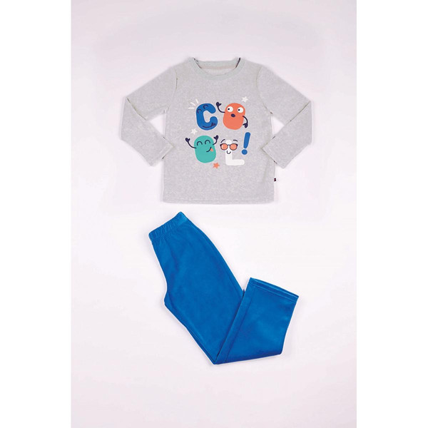 Pyjama Long Garçon en Coton - Gris Chiné Imprimé / Bleu -  Cool! Mon P'tit Dodo LES ESSENTIELS ENFANTS