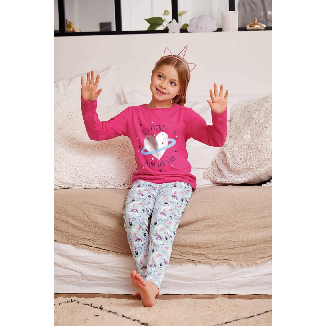 pyjama leggings fille- rose à motifs argent, bleu marine/ bleu clair et motifs colorés- étoiles en coton