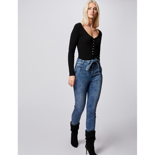 Morgan - Jeans slim taille haute ceinturé - Promo Jean slim