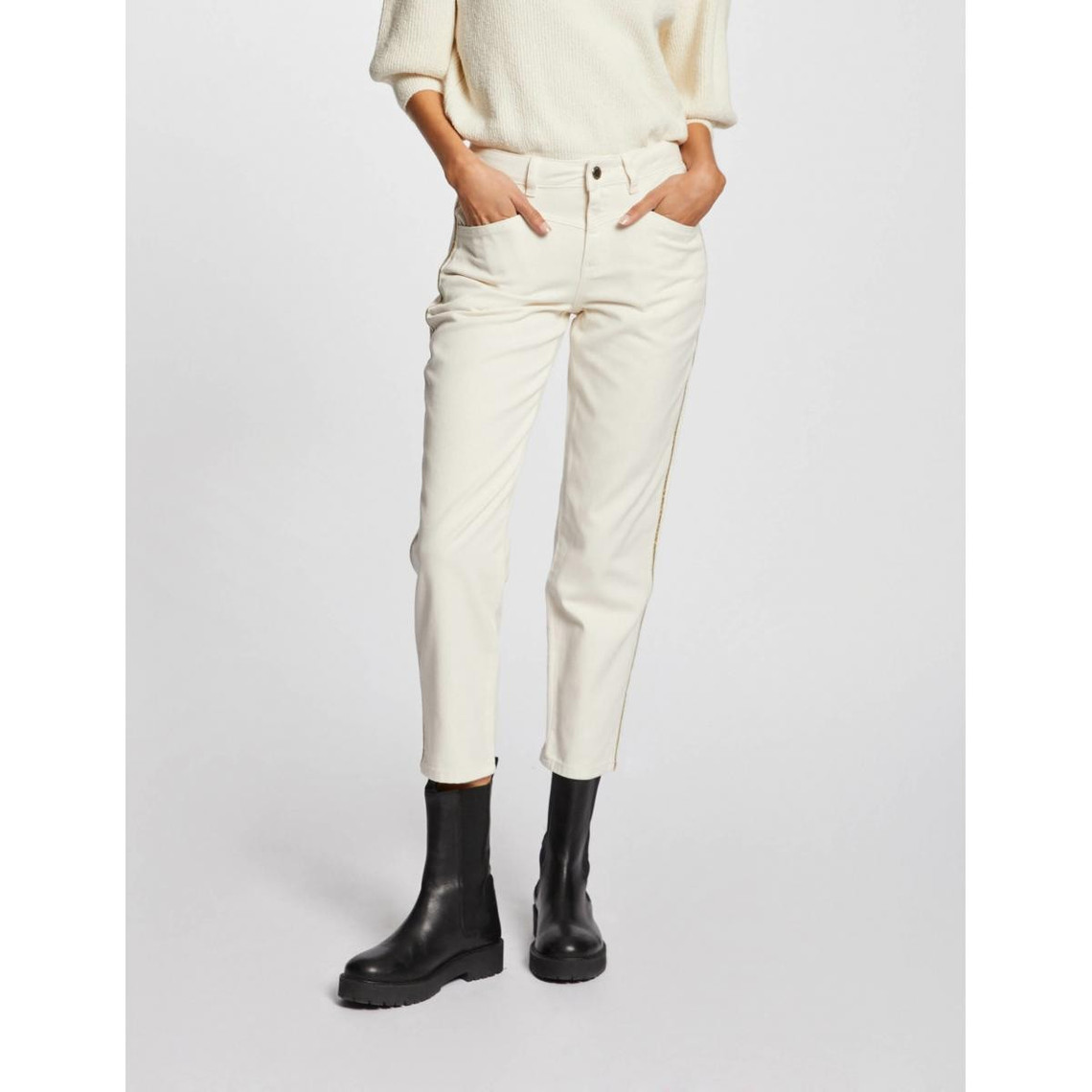 pantalon droit à bandes métallisées blanc en coton