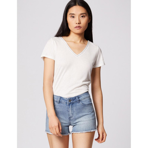 Morgan - T-shirt manches courtes avec col en V - Promo vetements femme blanc