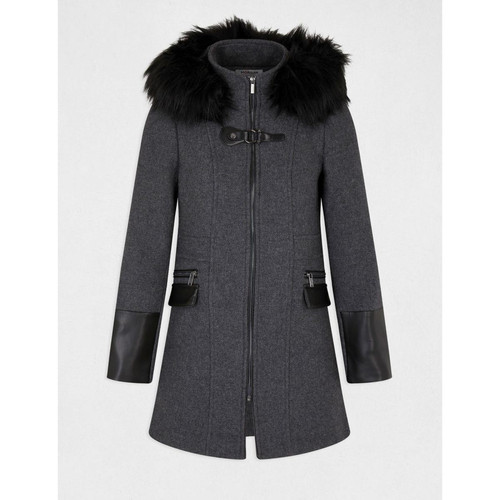 Manteau droit zippé à capuche gris anthracite en laine Manteau femme