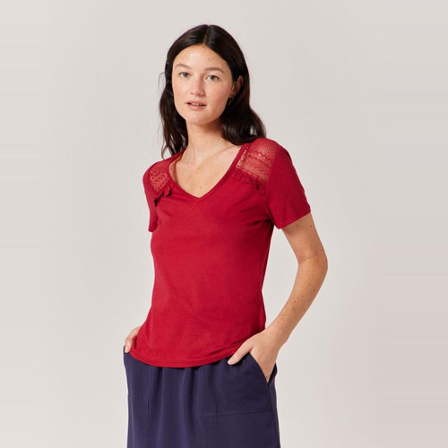 Naf Naf - Tee shirt manches courtes détail épaules - T shirt rouge femme