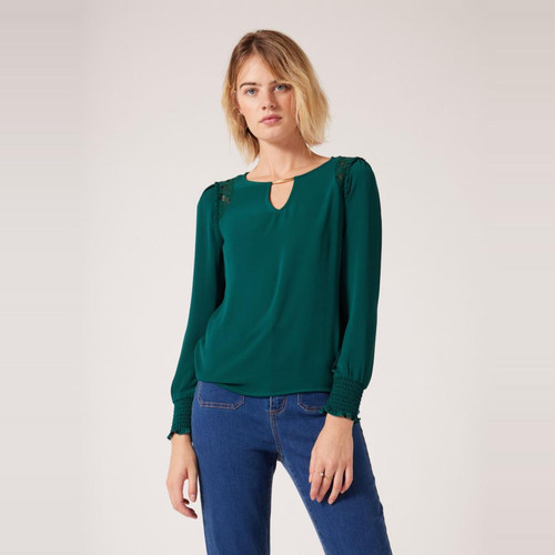 Naf Naf - Tee shirt manches longues détail dentelle - Nouveaute vetements femme vert
