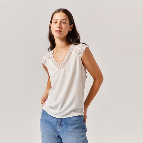 Naf Naf - Tee shirt sans manche avec dentelle - T-shirt manches courtes femme