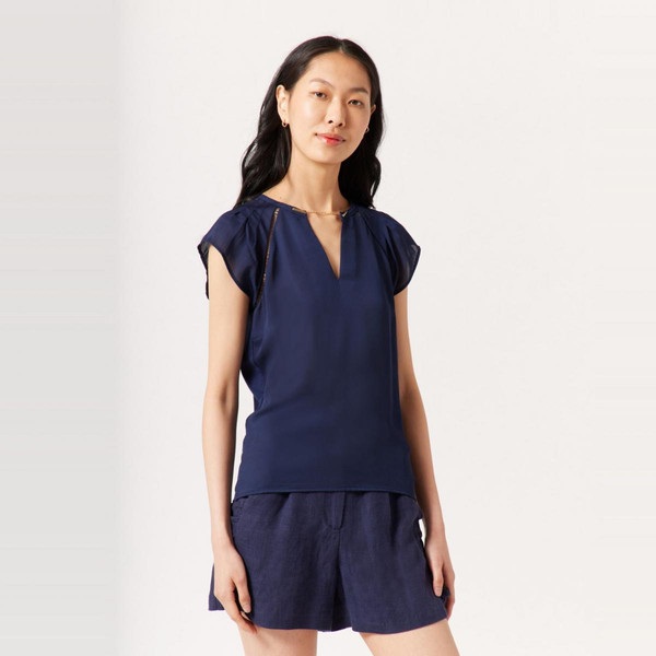 Tee-shirt uni détail chaîne col bleu en coton Naf Naf Mode femme