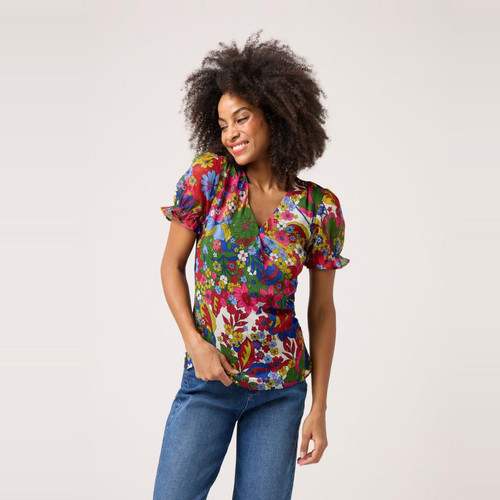 Naf Naf - Top bimatière fleurs multicolore - Nouveautés t-shirts femme