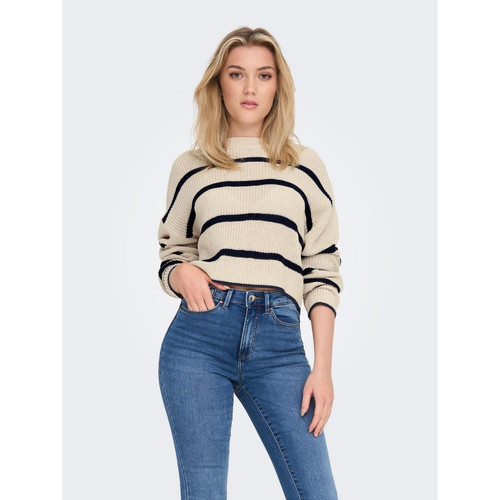 Only - Pull en maille Rayures Col rond Manches longues beige Maia - Vetements femme beige