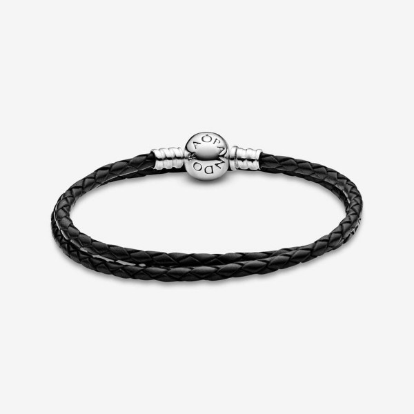Double Bracelet en Cuir tressé Noir Pandora Bijoux Bijoux