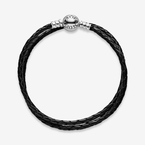 Double Bracelet en Cuir tressé Noir Pandora Bijoux Pandora Mode femme