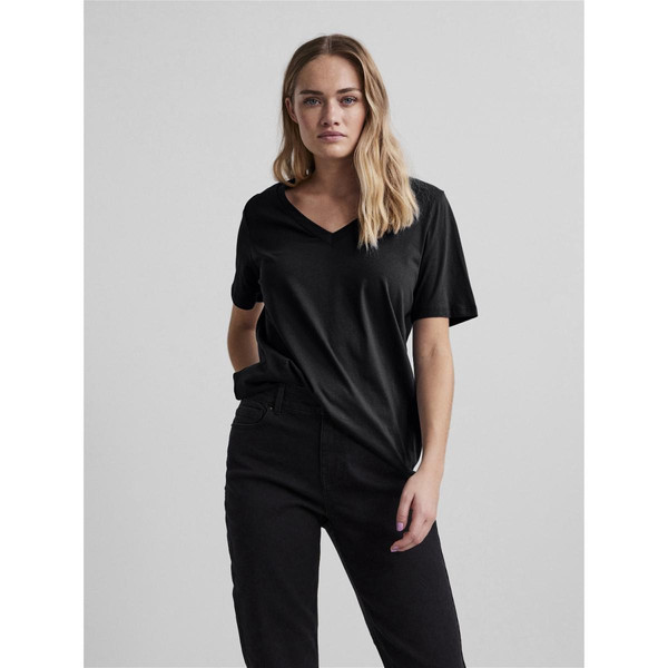 T-shirt regular fit manches courtes noir en coton Pieces Mode femme