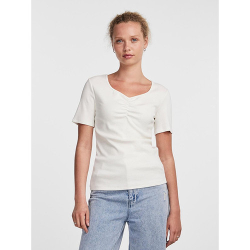 Pieces - T-shirt slim fit manches courtes blanc en coton Cléo - T-shirt femme