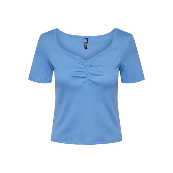T-shirt slim fit manches courtes bleu en coton Lane Pieces Mode femme