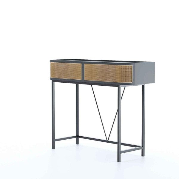 Table console noire en bois avec tiroirs rotin tressé pieds métal DAPHNE POTIRON PARIS