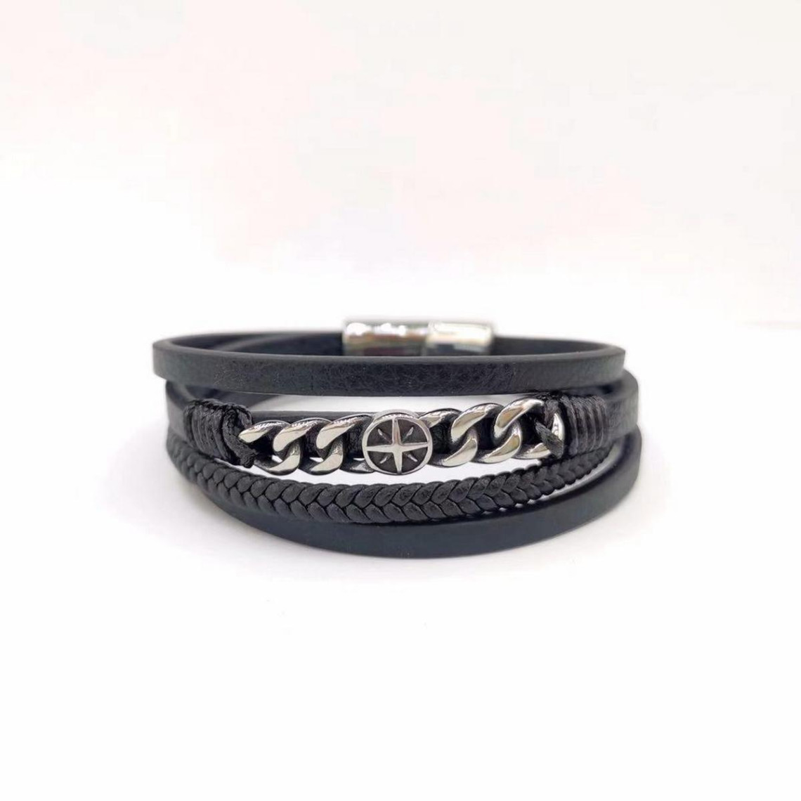 bracelet homme redskins bijoux 285602 noir en cuir tressé et acier - chaînettes gourmette et rose des vents