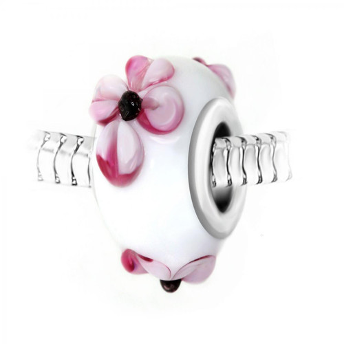 So Charm Bijoux - Charm perle blanc fleurs roses verre décoré main et acier - So Charm - Charms