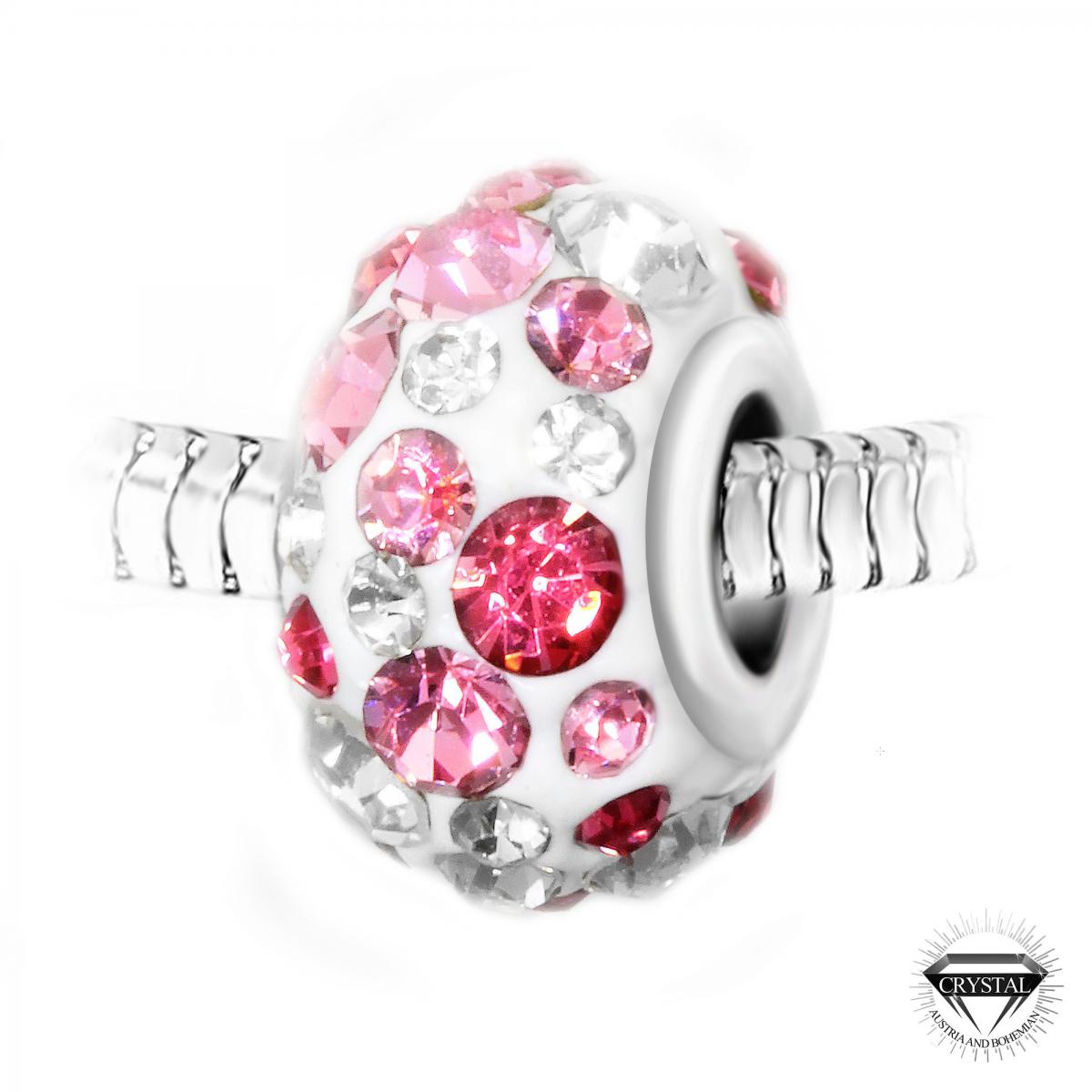Charm perle blanc pavé de cristaux roses et blancs et acier par SC Crystal