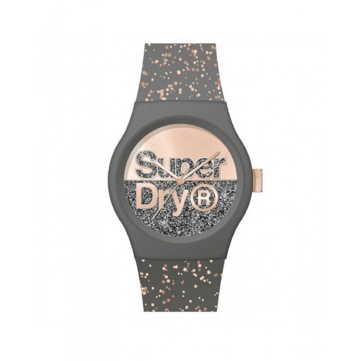 Montre Superdry SYL273E - Urban Glitter Brand Boitier rond en plastique gris Cadran gris et doré rose Bracelet en silicone motifs gris