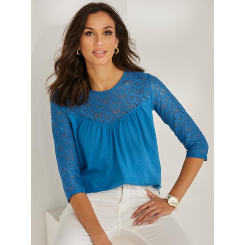 Venca - T-shirt avec empiècement et manches en guipure - T shirts manches courtes femme bleu