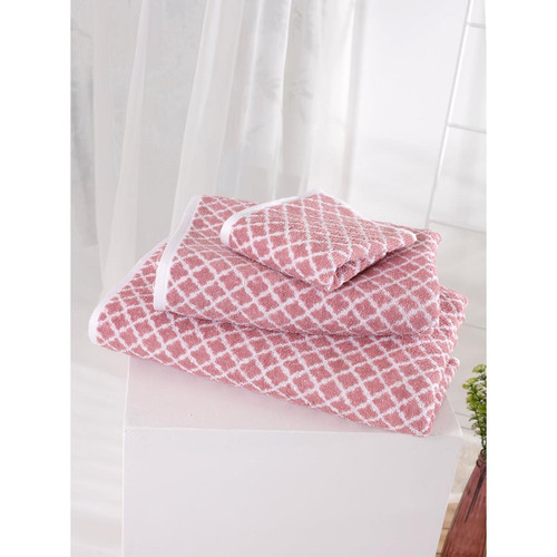 Venca - Lot 3 serviettes de toilette dessin géométrique - Serviettes draps de bain rose