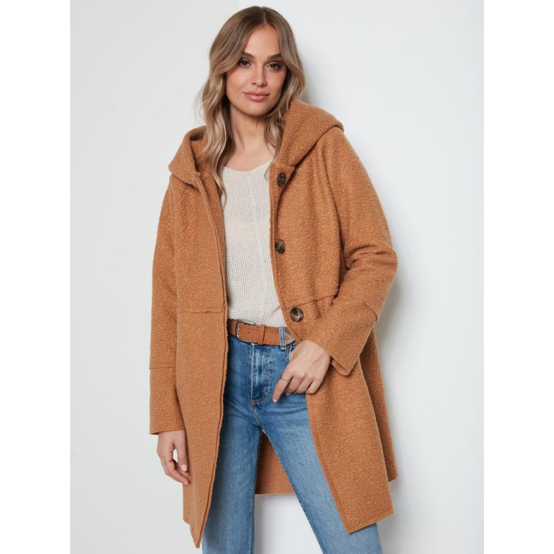 manteau à capuche en tricot de tissu camel
