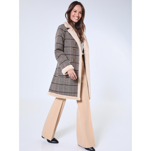 Venca - Manteau à carreaux avec détails en cuir synthétique - Manteau femme