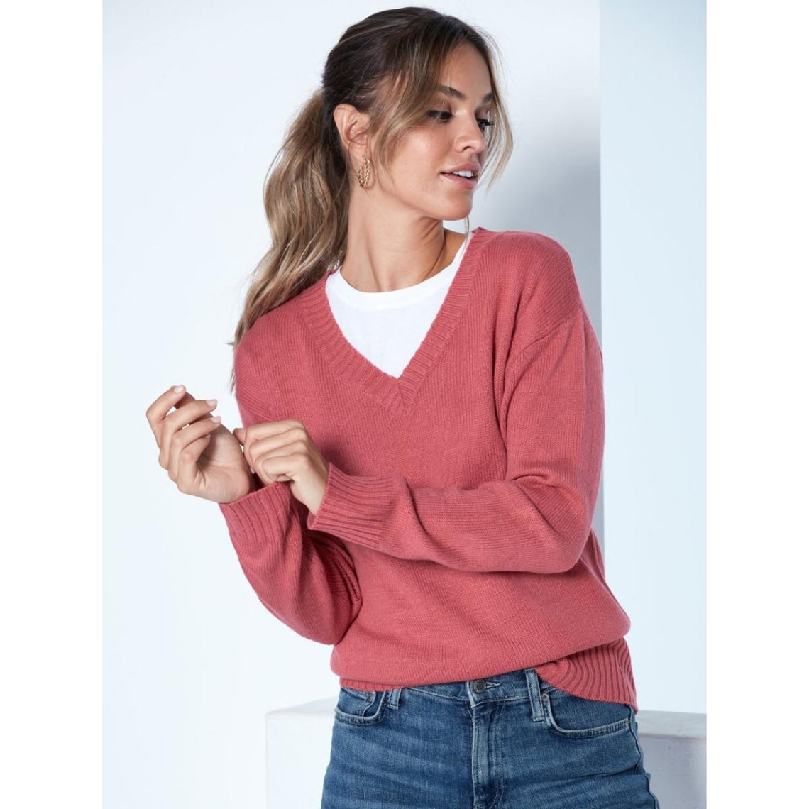pull en tricot à manches longues avec bordures côtelées - rose