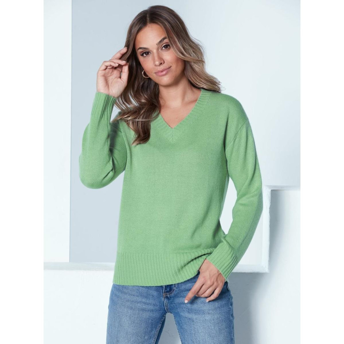 pull en tricot à manches longues avec bordures côtelées - vert