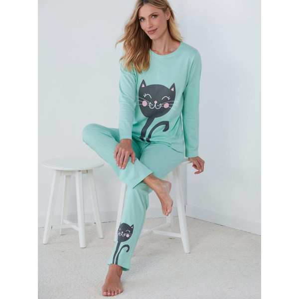 Pyjama 2 pièces t-shirt + pantalon chats vert en coton Venca Mode femme