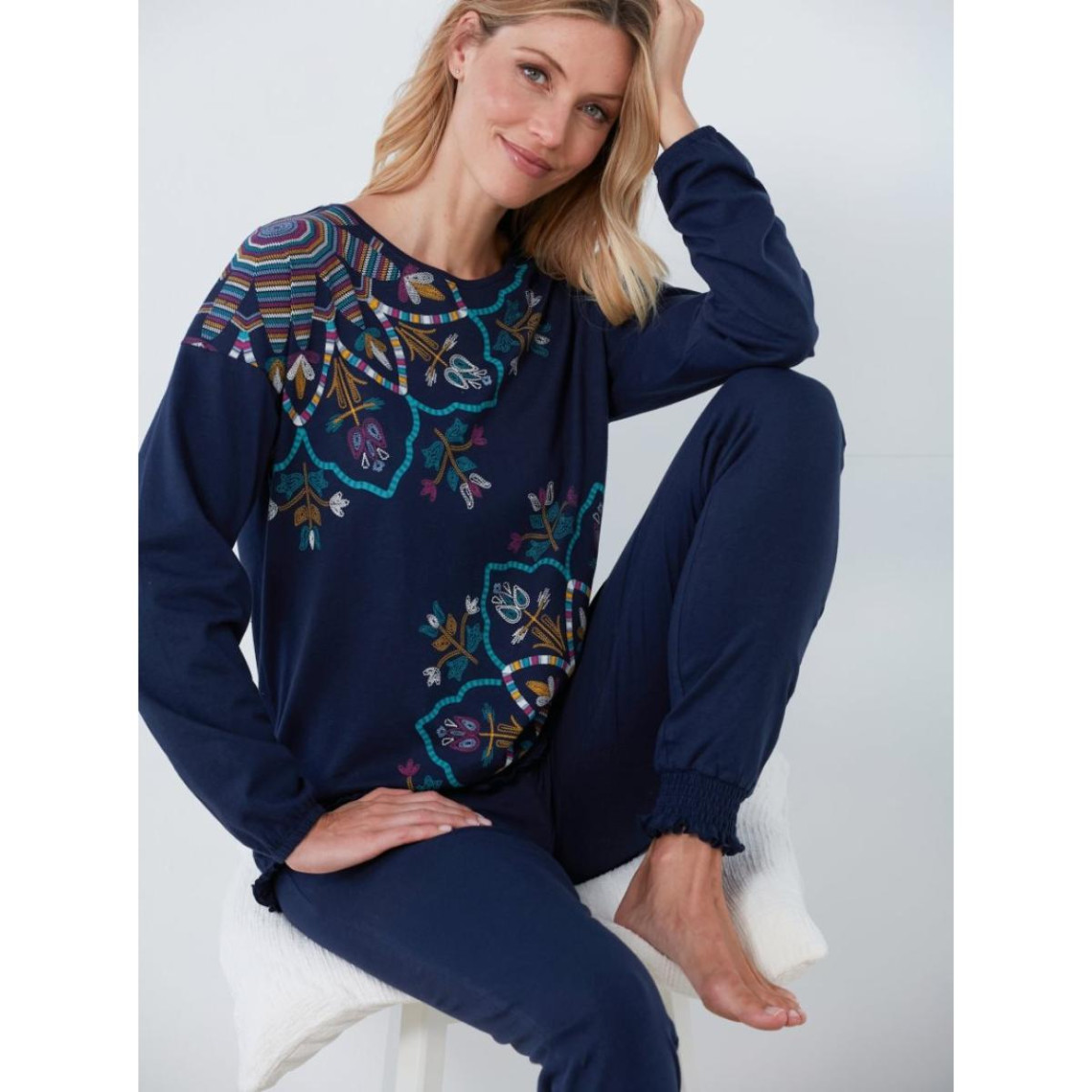 pyjama 2 pièces t-shirt + pantalon nid d'abeille bleu marine en coton