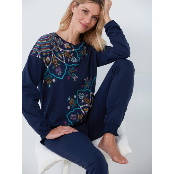 Pyjama 2 pièces T-shirt + pantalon nid d'abeille bleu marine en coton Venca Mode femme
