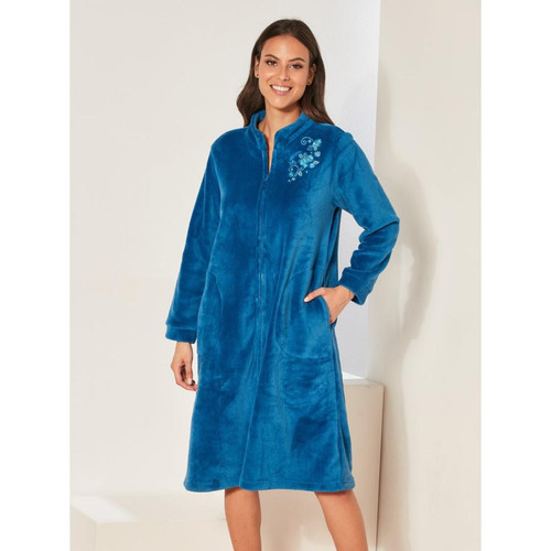 Venca - Robe de chambre en polaire avec broderie et fermeture à glissière - Robes longues femme bleu
