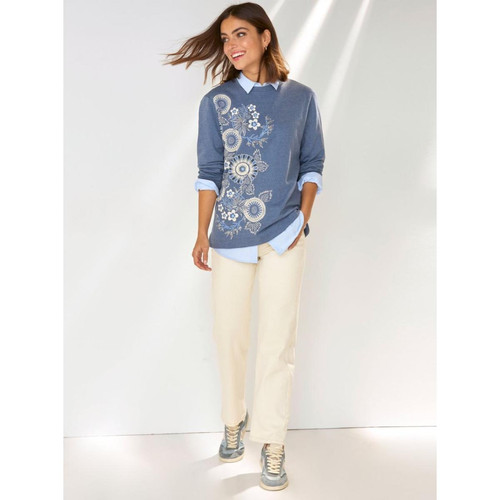Sweat-shirt avec imprimé à l'ourlet arrondi - Bleu en coton Venca