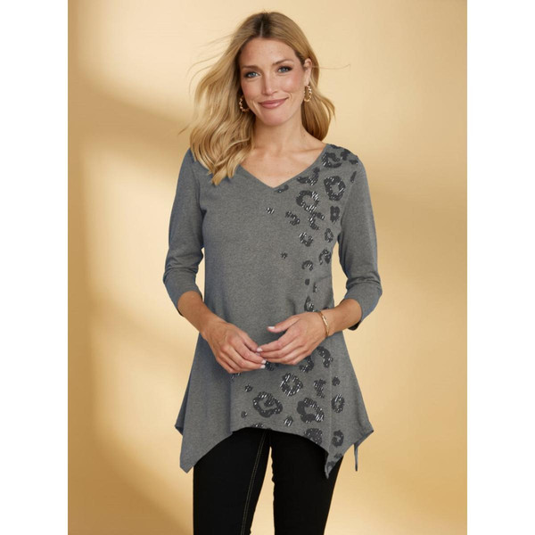 T-shirt à manches 3/4 avec ourlet asymétrique gris en coton Venca Mode femme