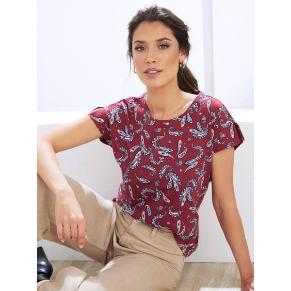 T-shirt à manches courtes imprimé paisley bordeaux en coton Venca Mode femme