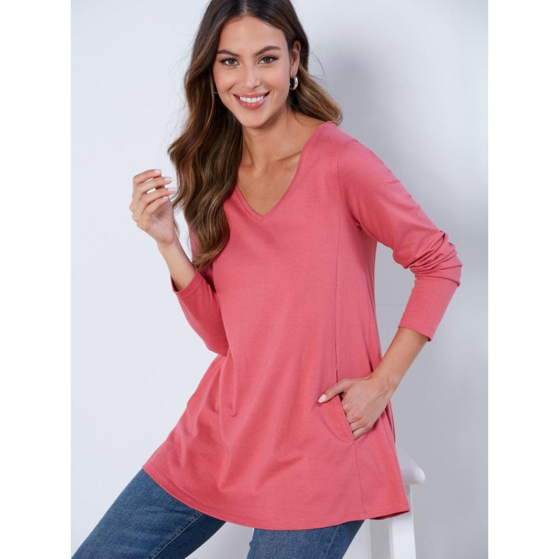 t-shirt manches longues évasé avec poches rose en coton