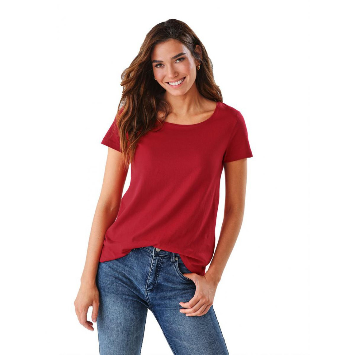 tee-shirt asymétrique fendu manches courtes femme rouge en coton